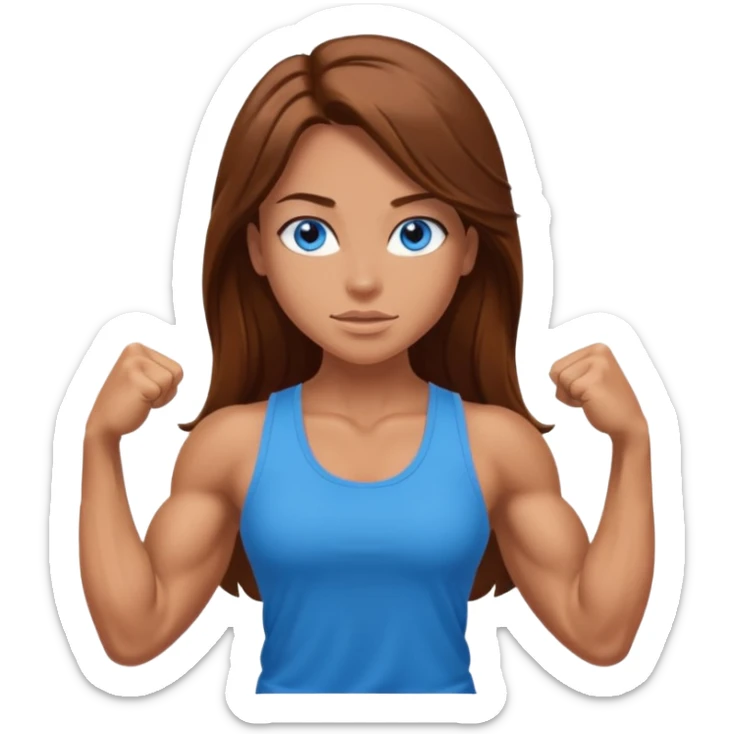 Girl with long brown hair, blue eyes and really muscular arms, flexing her muscles. Wearing a tank top sticker