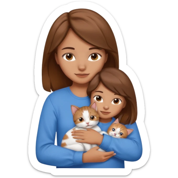 Create an emoji that has a girl wearing a blue shirt and brown hair snuggling a kitten. sticker