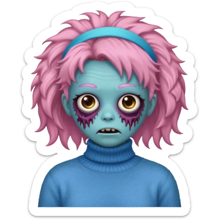 brown fluffy haired blue zombie with pink turtleneck sweater and hair band sticker