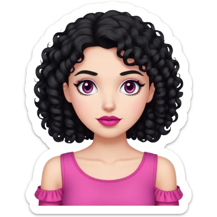 White girl with black curly hair till shoulder wearing pink top and having a dark pink lipstick sticker