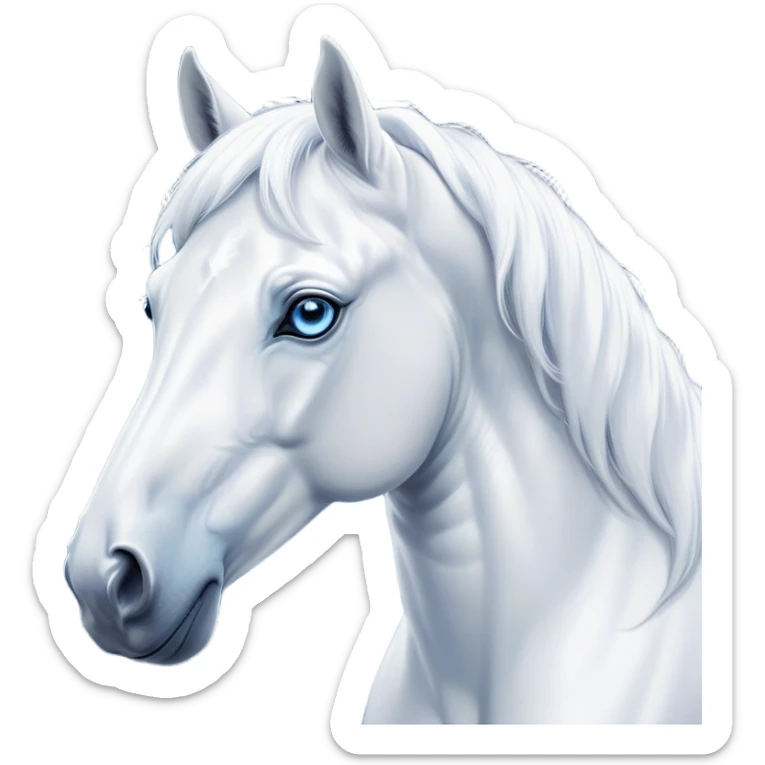 Cinematic Noble White Horse Portrait Emoji, Poised and regal, with a strong, athletic build and a pristine, well-groomed pure white fur, deep-set soulful blue eyes, Simplified yet sharp and sophisticated features, highly detailed, glowing with a soft, dignified glow, high shine, intelligent and majestic, stylized with an air of ethereal grace, focused and attentive, soft glowing outline, capturing the essence of a watchful and confident steed, so majestic it feels as though it could gallop out of the screen with effortless authority! sticker