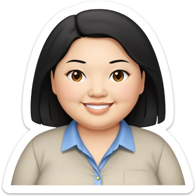 obesity Asian woman with shoulder length black hair smiling business casual shirt upper body shot sticker