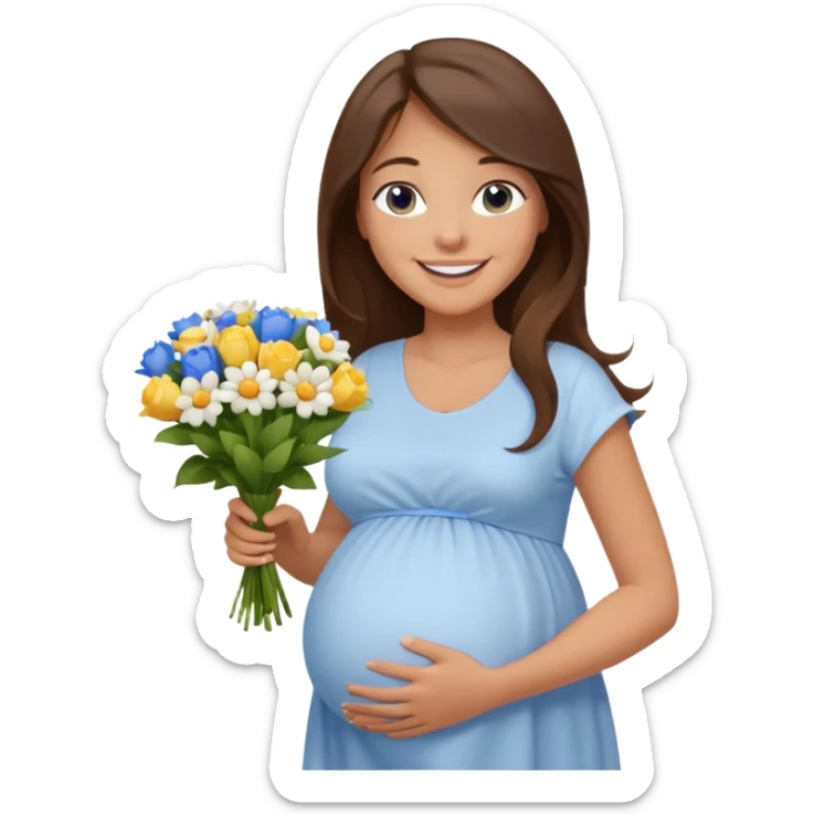 Create a cute emoji-style illustration of a young brunette woman with long brown hair, blue eyes, and a happy smile. She is pregnant, shown with a visible baby bump, wearing a simple white dress and holding a small bouquet of flowers. She looks excited and joyful, as if she's about to marry soon. sticker