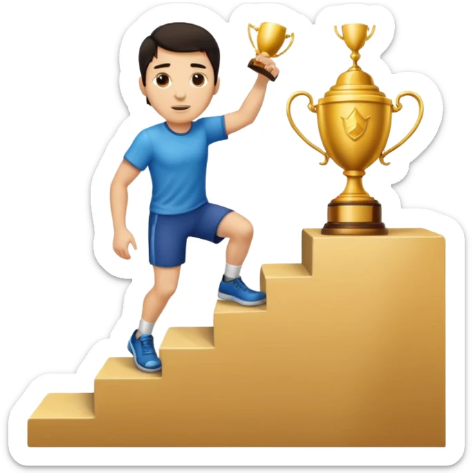 UN HOMBRE DE PIEL CLARA Y PELO OSCURO SUBIENDO ESCALERAS PARA ALCANZAR UN TROFEO QUE ESTA EN EL ULTIMO ESCALON sticker