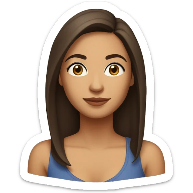 A head and shoulders shot of a 32 year old Latina woman, with straight brown hair,   with brown eyes wearing a t-shirt. sticker