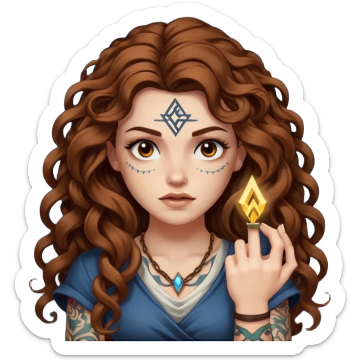 woman with long curly brown hair, brown eyes, white skin, tattoos, raising one eyebrow as a rune lights up “obvious” sticker