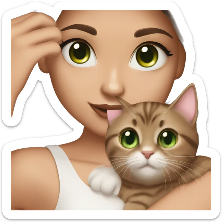 A girl with green eyes and dark brown straight hair, and makeup nude lipstick  and eyelashes, slightly tanned, oval light pink fingernails ,white top, holding a dark brown tabby cat with green eyes  sticker