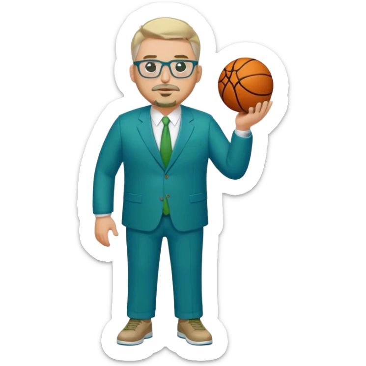 Full Body plus size white male basketball team manager with glasses blondish gray short hair with a goatee wearing blue and green suit sticker