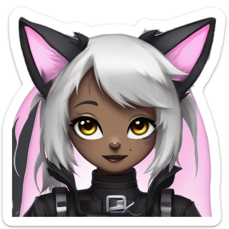 Gorgeous furry dark cyberpunk techwear anime style anthro black cat fursona with blushing face aesthetic and pretty edgy black with collar and harness trending style sticker