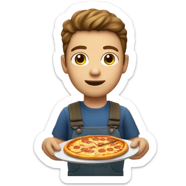 Young white farmer with brown hair and brown eyes eating pizza and fries sticker