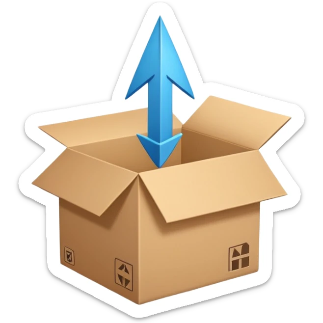 Minimal line-art icon of a shipping box with an arrow going up or a price tag, simple modern style, clean outlines, slightly 3D, no background, transparent, represents “reselling / e-commerce / flipping items” sticker