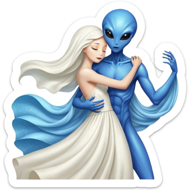 Alien woman in white dress hugs and kissing "white male human man" sticker