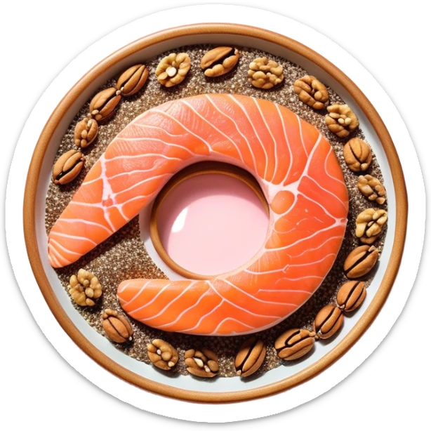 Floating arrangement of omega-3 rich foods: fresh salmon fillets, walnuts, flaxseeds, chia seeds and golden omega-3 capsules, all emitting a soft golden glow. The foods orbit around a central shimmering omega symbol, with gentle flowing energy connecting them. sticker