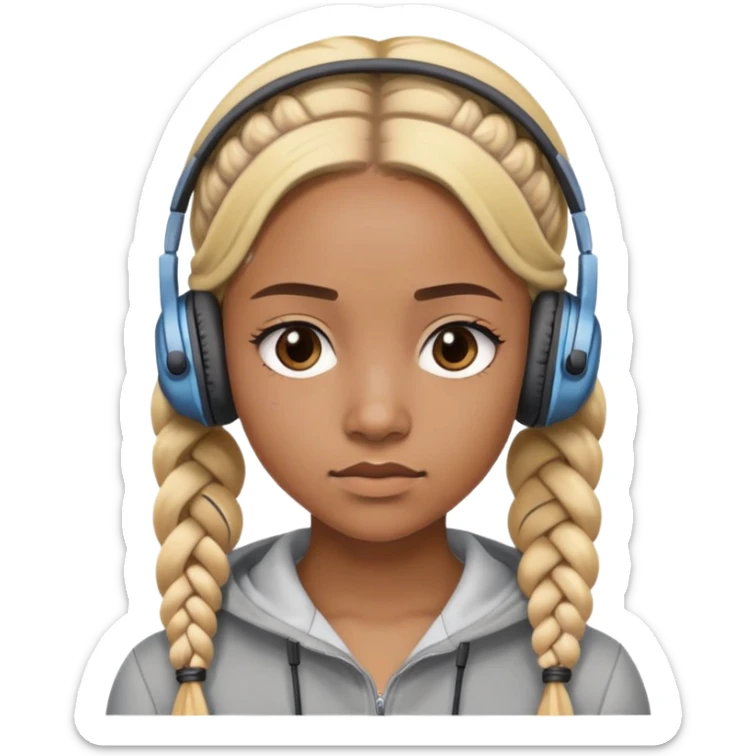 "- Nữ
- 20 tuổi
- Da nâu
- Tóc tết 2 bím, tóc vàng
- Đeo tai nghe
- Mặt nghiêm túc
" sticker