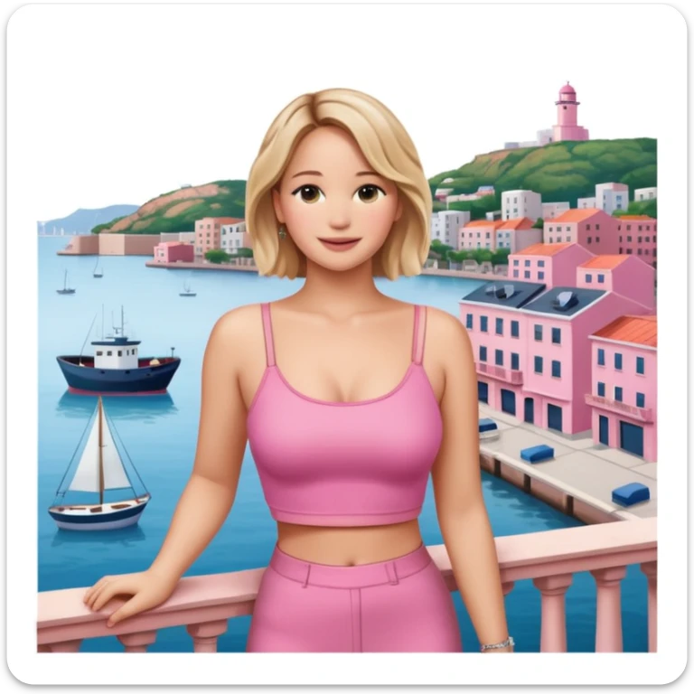 jennifer lawrence, pink crop top leaning on a balcony with a harbor and cityscape in the background, smiling sticker