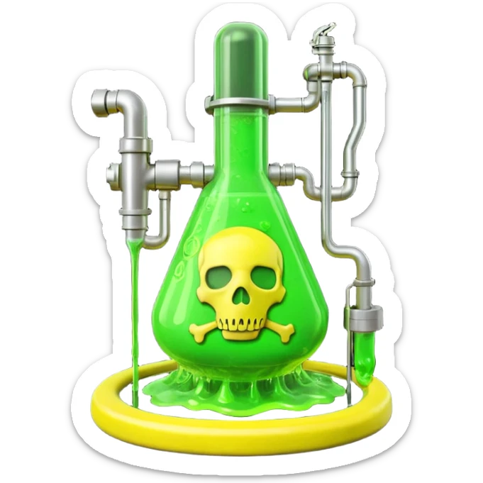 3D render of Reactor Rod, toxic waste aesthetic, neon green bubbling liquid, caution yellow metal, industrial warning texture. sticker