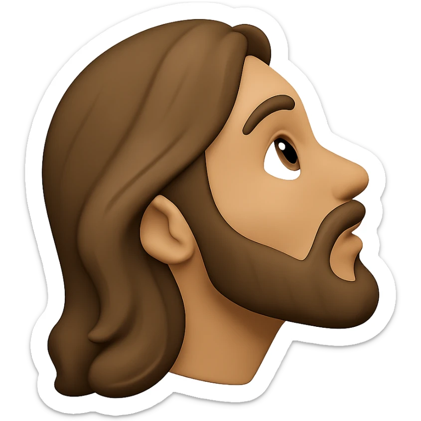 Create a side profile view of the Jesus head emoji style looking upward. Maintain the emoji style characteristics and colors consistent with the original image. sticker