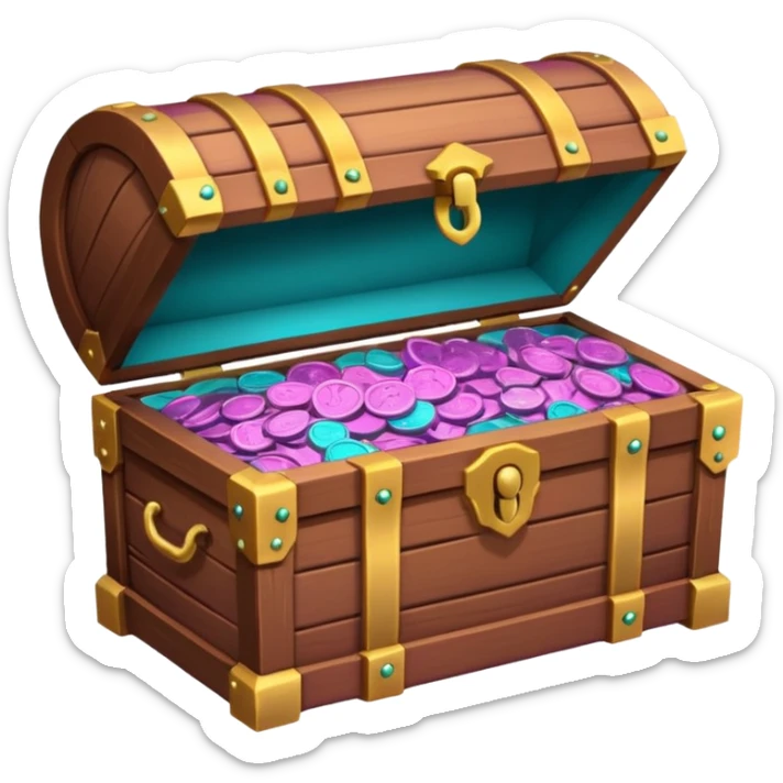 wooden brown treasure chest filled with  coins 
Change coins color in in gradient of turquoise, blue, pink, purple, and coral sticker