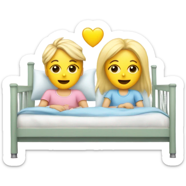 Two blonde children, sick, each in their own bed, wearing surgical masks, one Boy, one girl, at home, get well soon sign with yellow heart sticker
