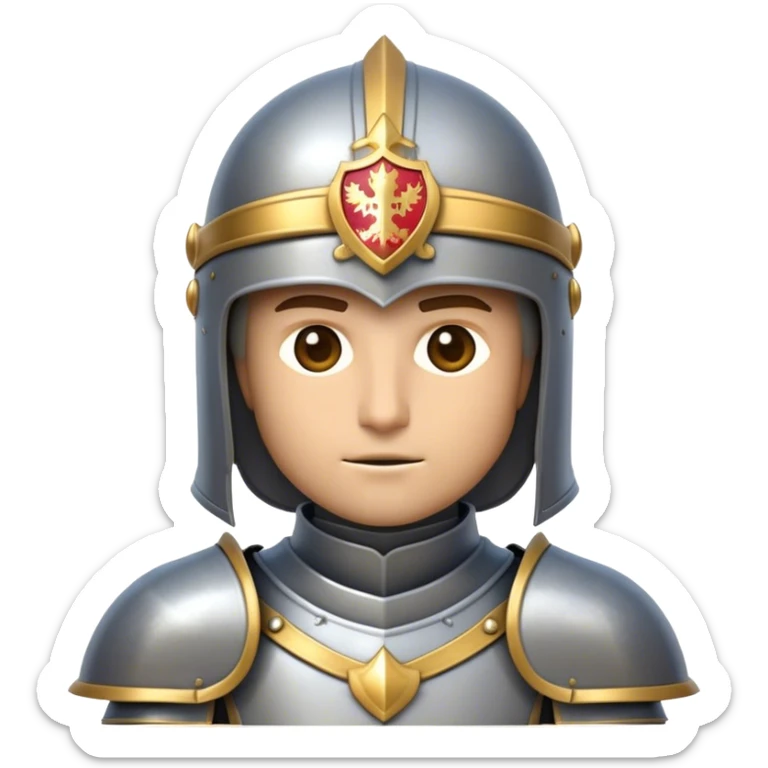 Clash of Clans aesthetic friendly Knight Portrait Emoji, With a noble, armored build featuring a gleaming suit adorned with intricate heraldry and a determined gaze behind a visored helm, his face rendered in a natural skin tone (not yellow), Simplified yet dynamic features, highly detailed, glowing with a cool, steely radiance, high shine, courageous and resolute, stylized with an air of chivalric valor, focused and stalwart, soft glowing outline, capturing the essence of a valiant knight ready to charge into epic quests with honor! sticker