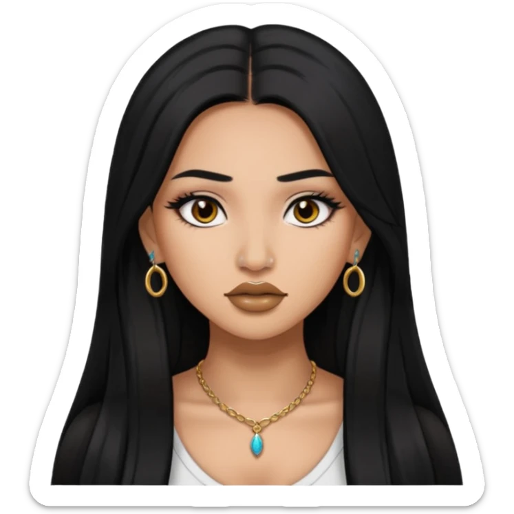 baddie with Asian and Latina features, nose piercing long straight black hair, makeup sticker