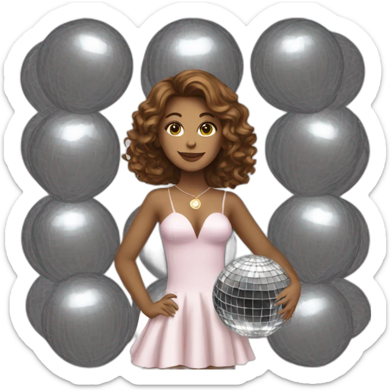 female with brown wavy hair dressed in a party dress and disco ball sticker