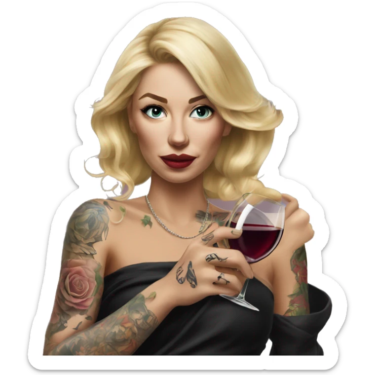 Blonde elegant women, her body covered with tattoos, wine in her one hand, pointing forward with her other hand , Hyper realistic sticker