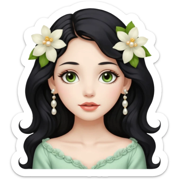 A soft and elegant girl with long wavy black hair, hazel-green almond eyes, full lips, and porcelain skin. She wears light makeup, pearl earrings, and sometimes a flower in her hair. Her style is feminine, dreamy, and cozy. sticker