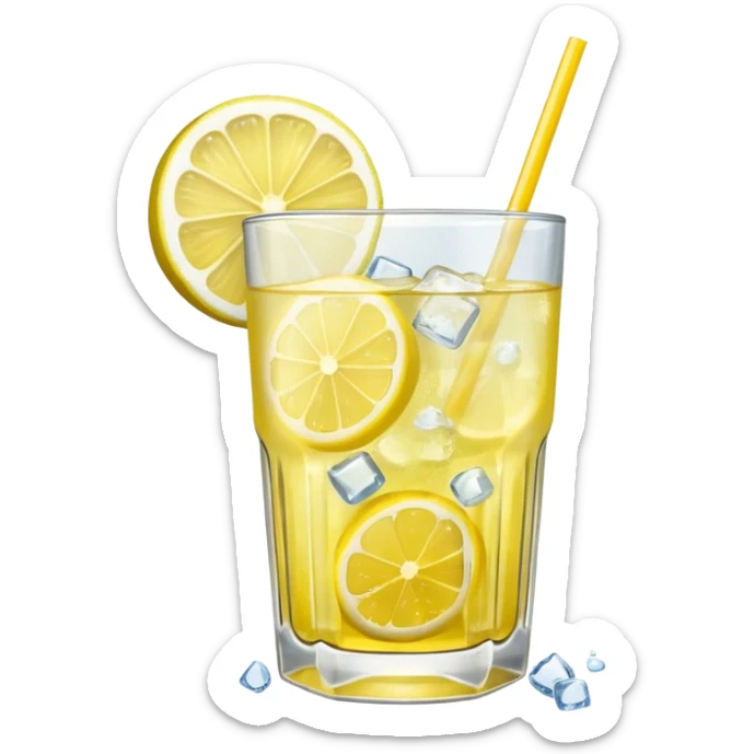 a glass of lemonade, clear glass, yellow drink, ice cubes, lemon slice sticker