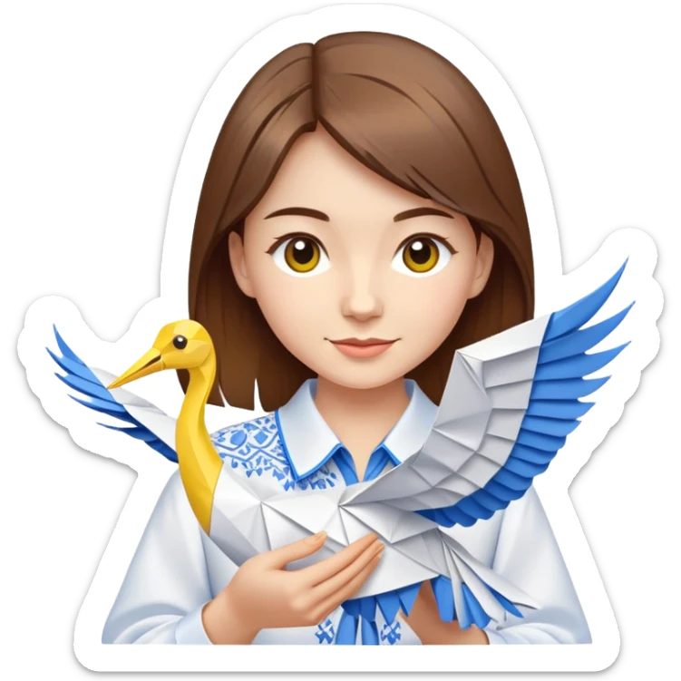 A happy Ukrainian young girl with brown hair in a white embroidered shirt makes an origami of a yellow and blue crane sticker