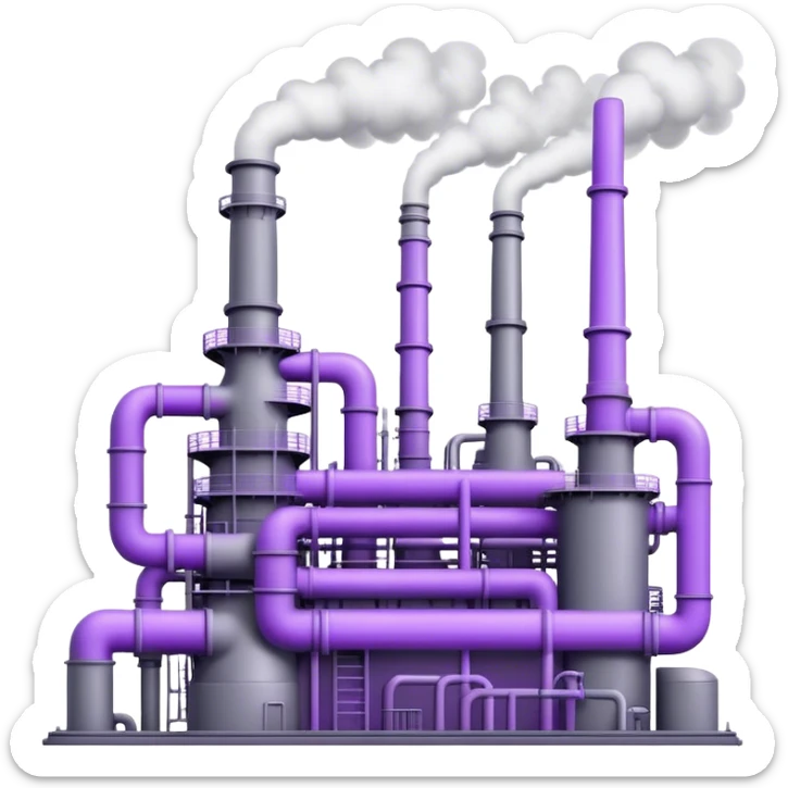 An emoji of an industrial factory in realistic gray tones, with pipes and smokestacks. Instead of smoke, soft neon violet energy or light particles flow out, symbolizing AI power and efficiency sticker