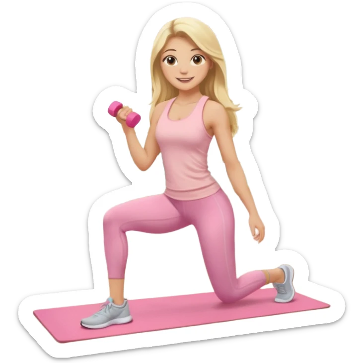 Create a young woman with long blonde hair, golden eyes, and medium-light skin tone, wearing a light pink tank top and leggings. She should be doing home worjout, with a smile sticker