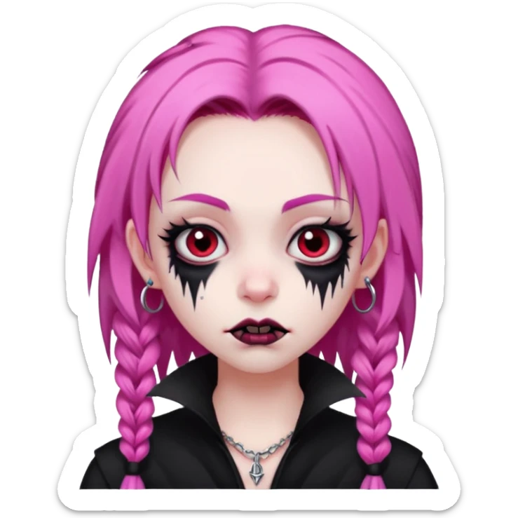 girl, pale black vampire, pink hair, very long, shaggy, dark, spooky,double eyebrow dermal piercing, creepy expression sticker