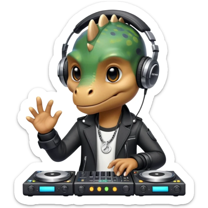 Dinosaurio muy tierno músico DJ con ropa negra futurista con nombre verexxo  sticker