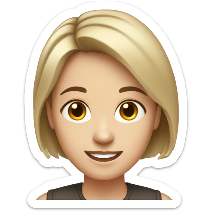 White woman with short brown hair and dark eyes. She's smiling and has a round face sticker