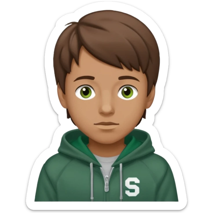 a boy with brown hair and blue eyes in a grey hoodie with forest green varsity letters that says "STURNIOLO" sticker