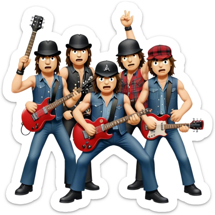 Cinematic Realistic AC/DC Band Emoji, depicted as a high-energy rock ensemble with electrifying stage presence and gritty textures, rendered with bold vibrant lighting that captures the raw power and rebellious spirit of their music. sticker
