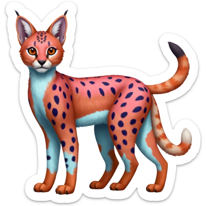 Colorful bluish cute adorable tropical exotic fruity rosy neon-red Caracal-Cheetah-Serval-Snow-Leopard-Trico-Sergal-Vernid-fusion-hybrid-animal-creature, full body, with tribal markings sticker