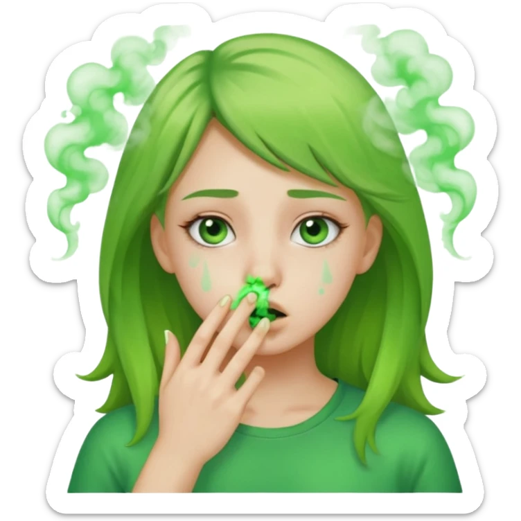 create a girl who is pinching her nose because she is smelling something bad with green fumes around her sticker