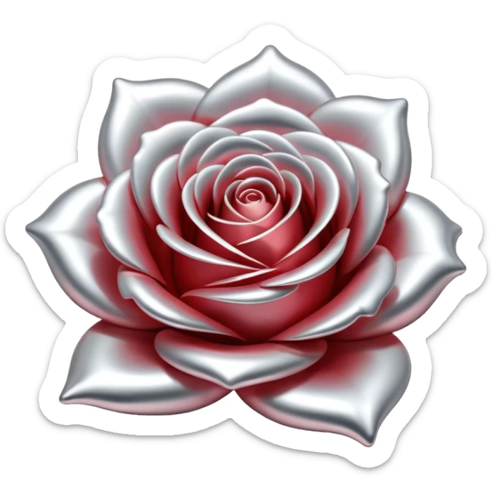A rose emoji made of liquid silver metal, smooth metallic petals, reflective chrome surface, soft gradients, elegant shape, minimalistic iOS emoji style, centered, clean white background, realistic highlights, no text sticker