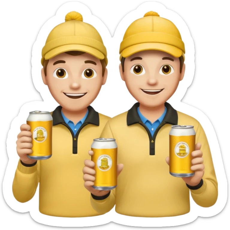 16 men on a golf trip wearing yellow golf caps all holding a beer can with a Xmas style label. Has to be 16 of them. sticker