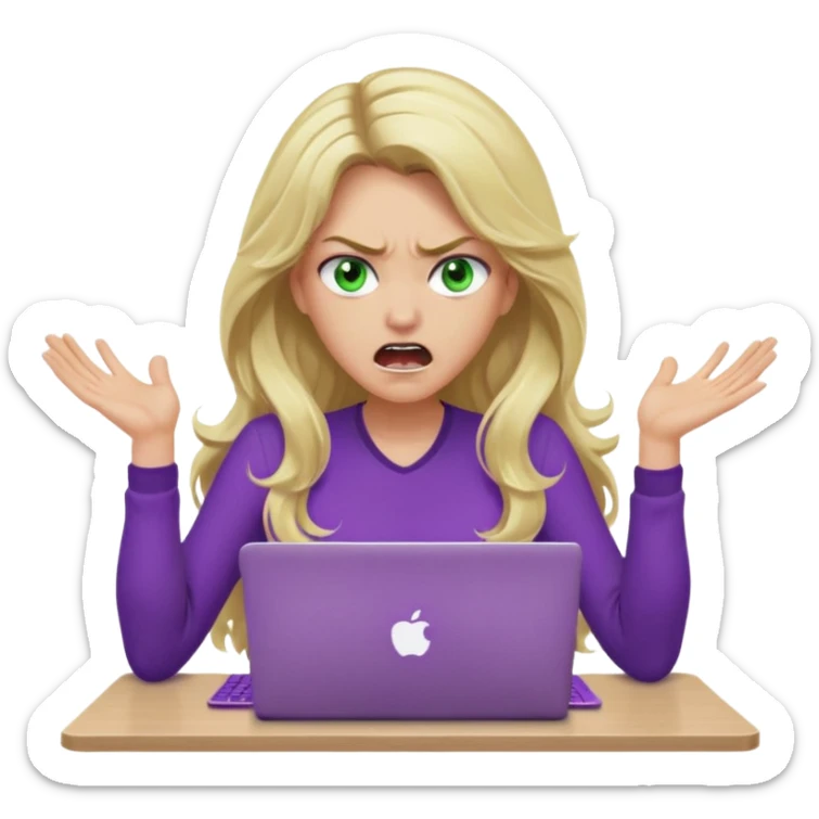 lady with long wavy blonde hair, purple top, green eyes, at desk with hands and face gesturing very angry and shouting, with a purple mac laptop  sticker