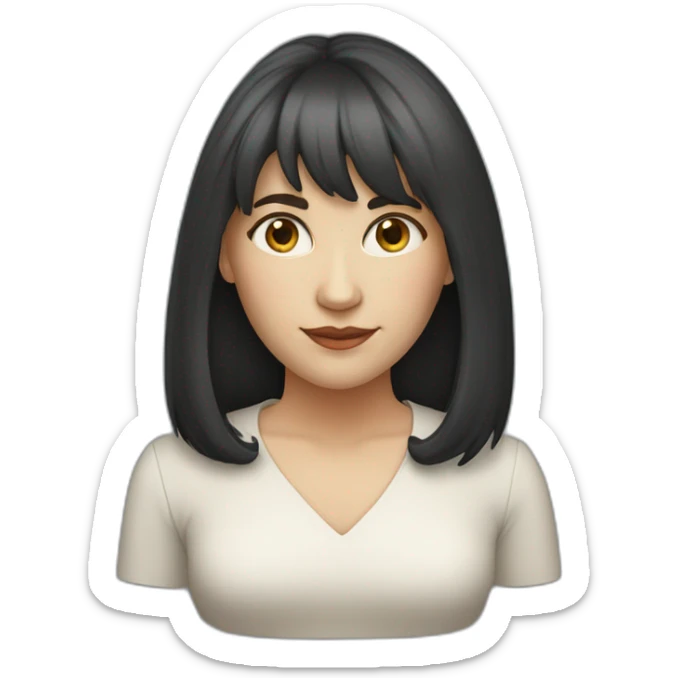 40 year old white woman with long dark hair and a fringe and oval shape face sticker