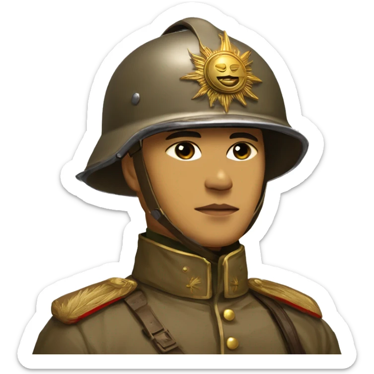 Filipino Republican Soldier year era ww1, with a Pickelhaube Überzug helment from ww1 exposing the gold Spike on the top of the helmet, the helmet a symbol of the sun, Russian uniform brown. sticker