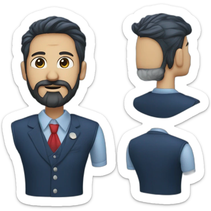 Un barbu de 40 ans avec cheveux noirs et barbe noire,, avec un costume bleu marine, et une cravate rouge et une chemise bleu claire sticker