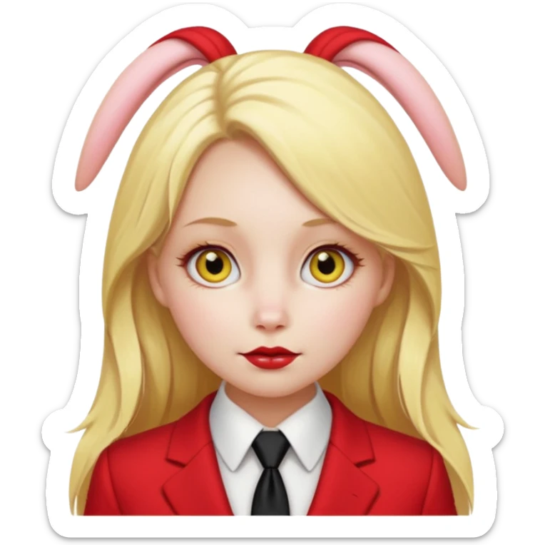 Woman with porcelain white skin, thick blonde hair that's in a thick, long ponytail, has the nose of a bunny, yellow scleras, red pupils, and a red suit with a black tie. sticker