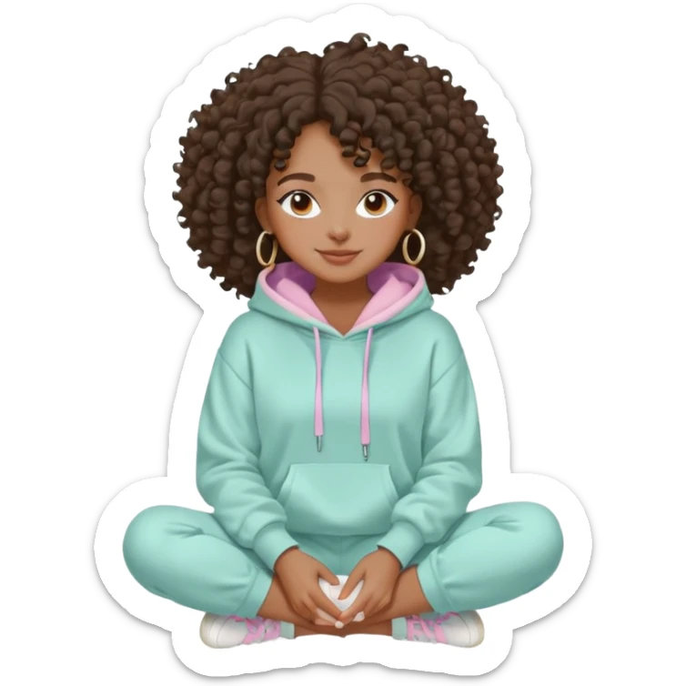 Black girl, clean girl aesthetic, 4C curly hair in a puff, pastel hoodie, white sneakers, minimal jewelry, soft smile, cozy vibe, bright colors,  skin care with White clay mask sticker