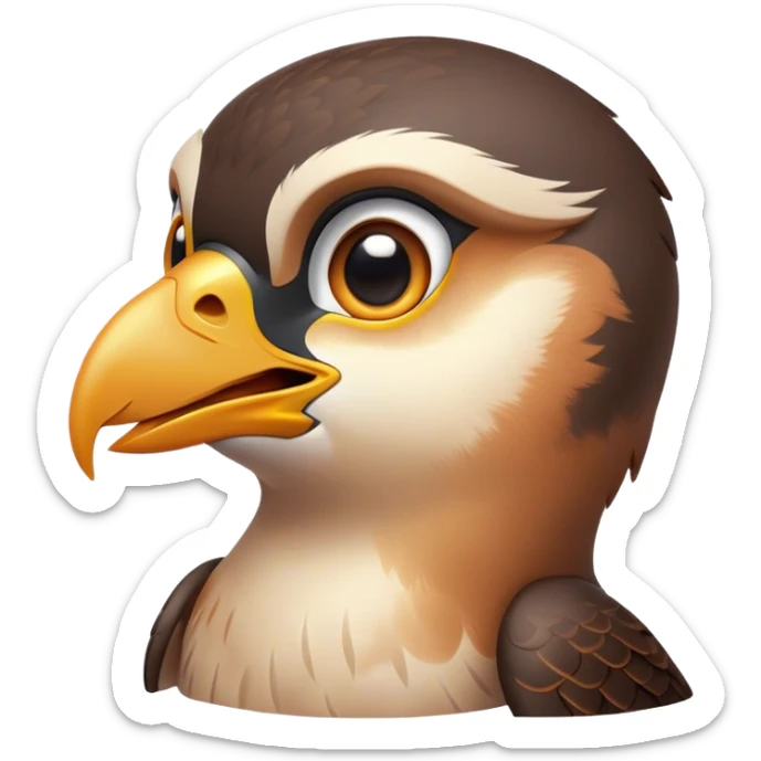 Cinematic Cute Falcon Portrait Emoji, Head tilted playfully and inquisitively, featuring a sleek, agile form with a delicately curved beak and round, sparkling eyes full of spirited charm, Simplified yet irresistibly adorable features, highly detailed, glowing with a warm, inviting glow, high shine, affectionate and lively, stylized with a touch of whimsical aerial grace, soft glowing outline, capturing the essence of a mischievous yet endearing falcon that seems as if it could dart out of the screen into your heart! sticker