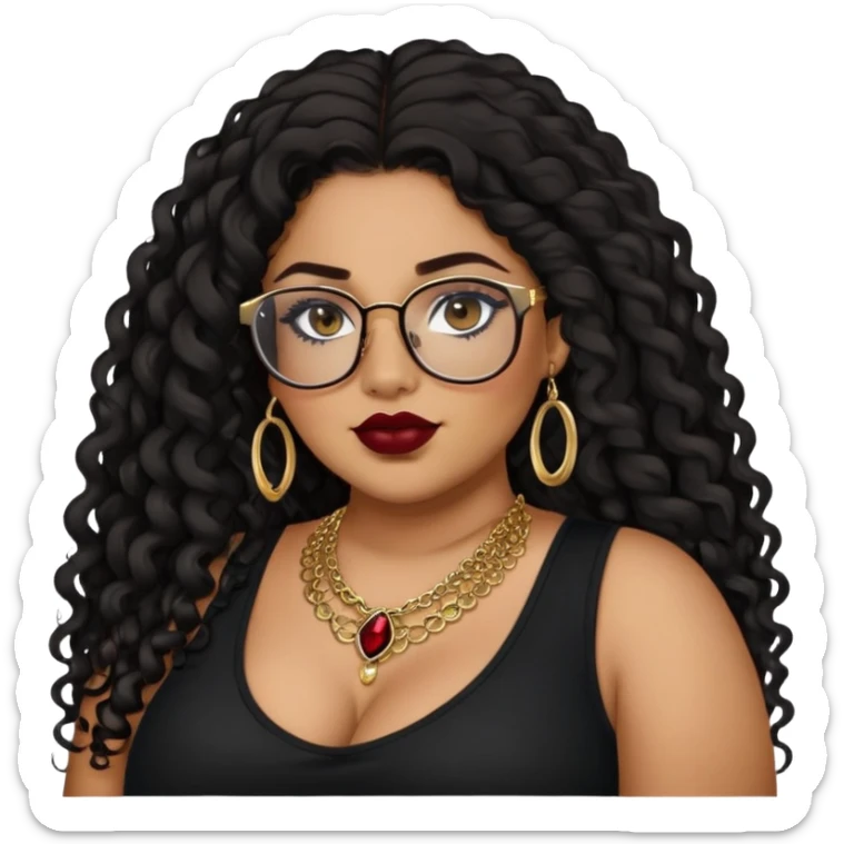 teen big plus size, latina, darker tan skin, gold jewelry, long black curly hair, baddie,pretty, makeup, dark red lipgloss, black eyeliner, long hair, black top, black glasses sticker