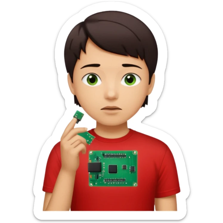 A young person wearing a red T-shirt indoors, short dark hair, holding a small green electronic circuit board near the mouth in a thoughtful pose. Warm natural lighting, window with blinds in the background, casual tech-inspired vibe. sticker